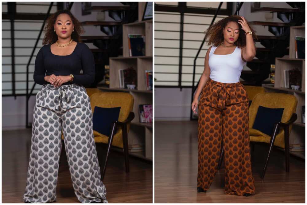 A ladies wearing damask palazzo pants of different patterns