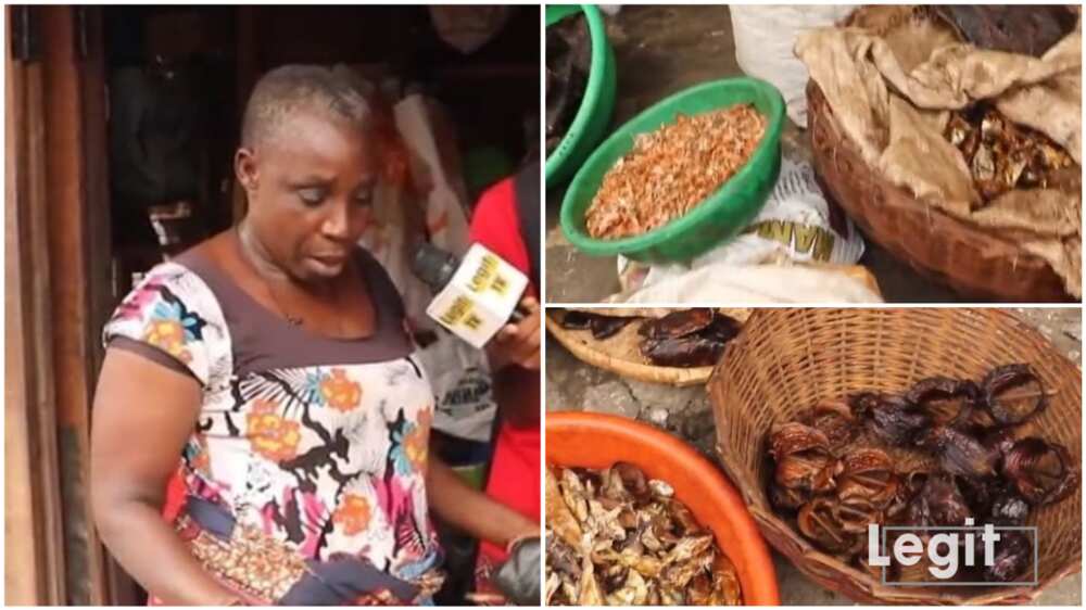 A collage showing the woman and her wares.