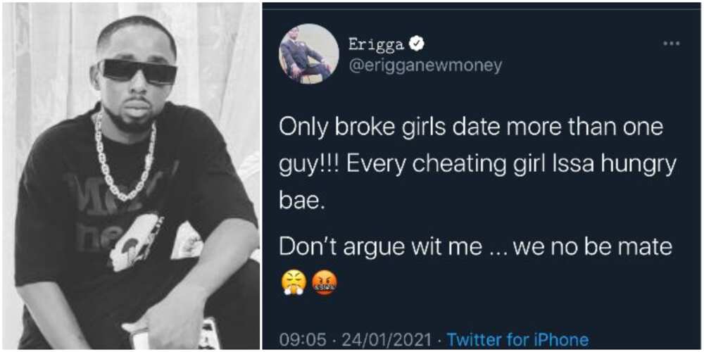Nigerian rapper Erigga says only hungry girls cheat in relationships