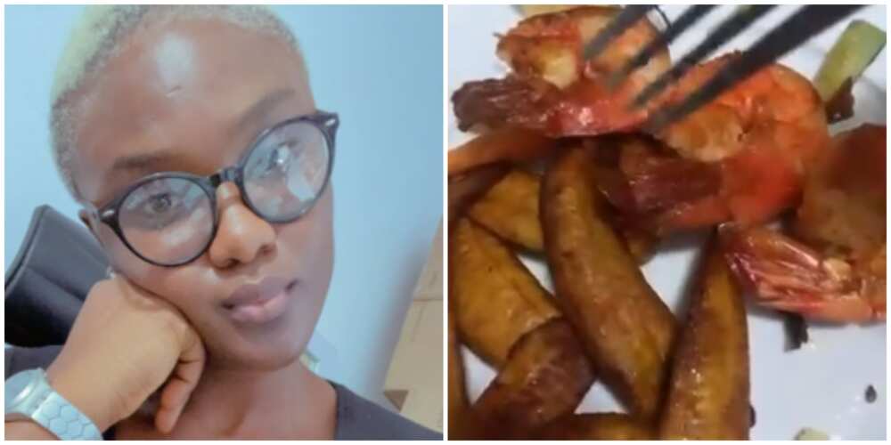 Daylight robbery: Lady livid as she shares N16k plantain and prawn she got served