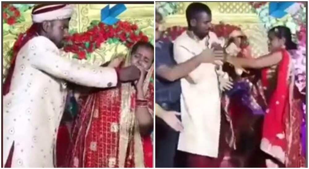 Photos of bride fighting with her groom during their wedding.