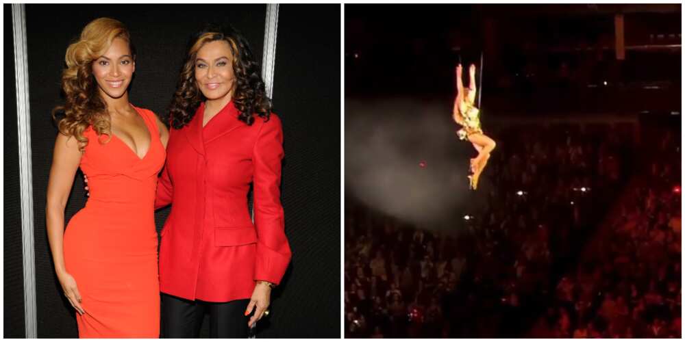 Beyonce posing with her mum and another photo of Beyonce doing a mid-air flip.