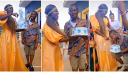 Moment Mercy Johnson surprised younger brother with cake on his birthday, he kneels for her in sweet video
