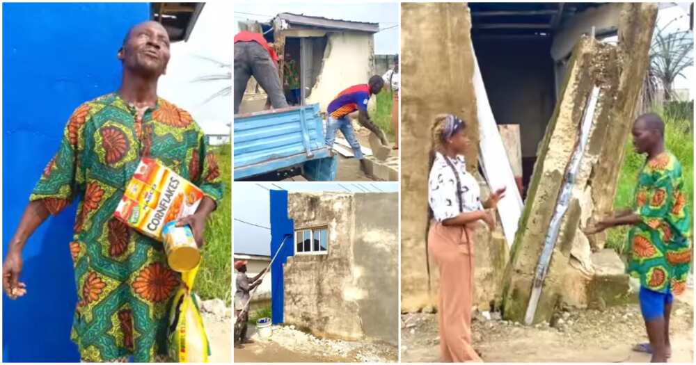 Nigerian lady, broken house, foodstuffs, puts smile on man;s face