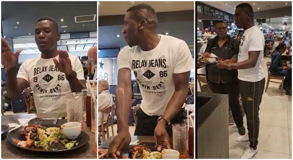 Photos of a black man creating a scene in a restaurant prank.