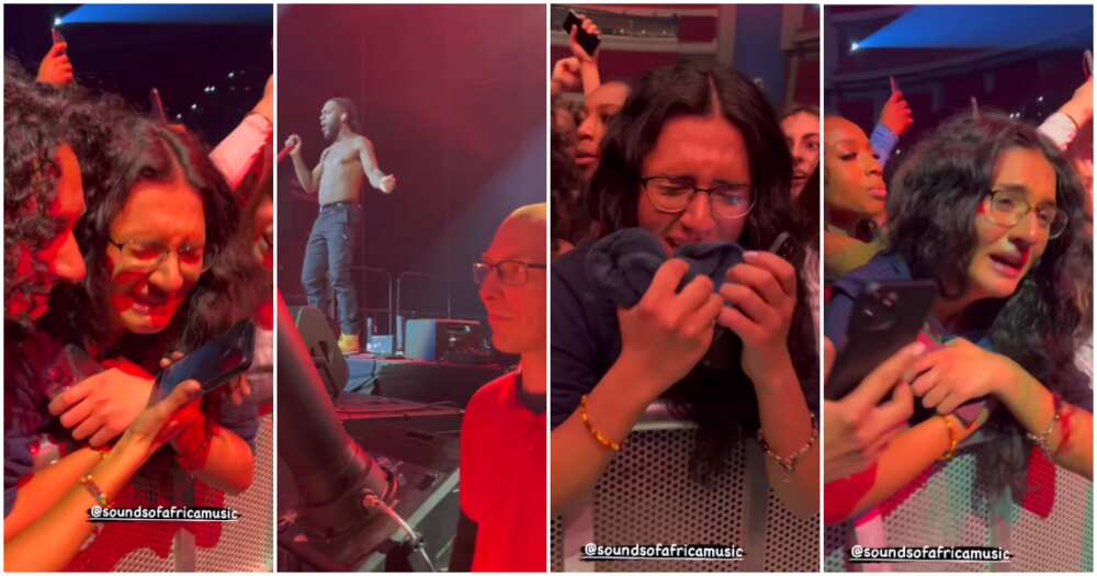Oyinbo lady cries hard after catching Burna Boy's towel at concert.