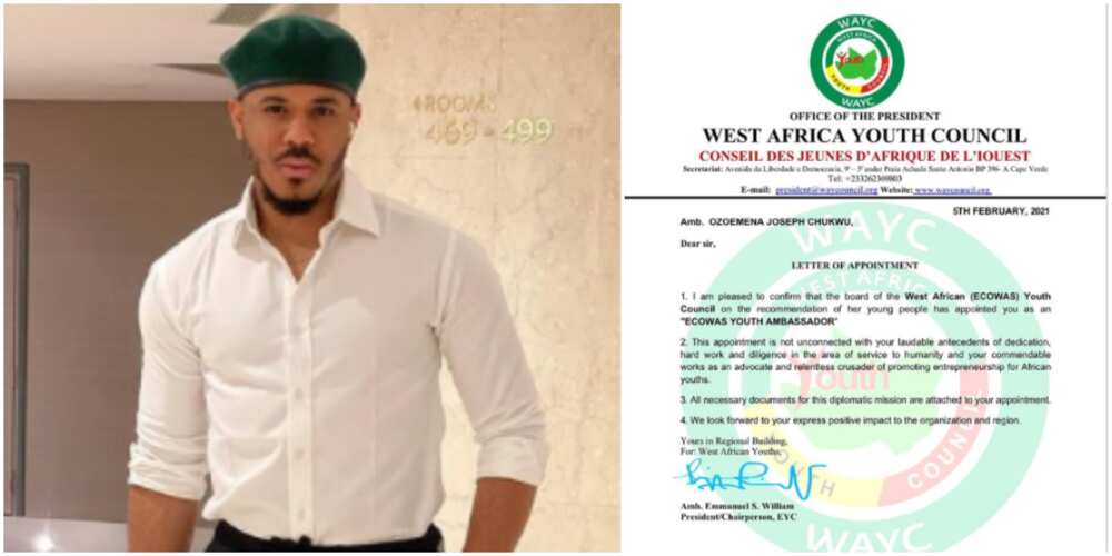 Fans react as BBNaija's Ozo becomes ECOWAS youth ambassador, flaunts appointment letter