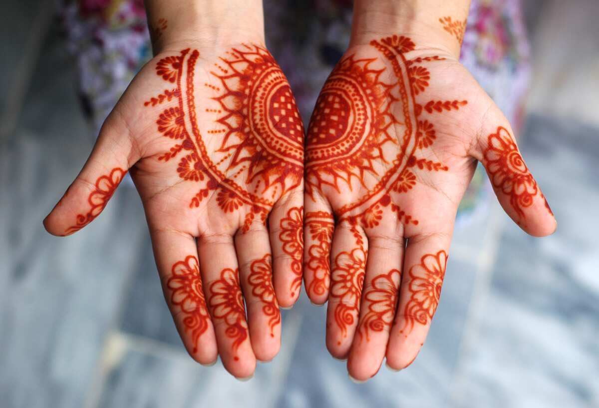 Woman Hand Decorated with Henna Tattoo, Mehendi, on Black, Close Up, Cam  Moves Top Down, Stock Footage