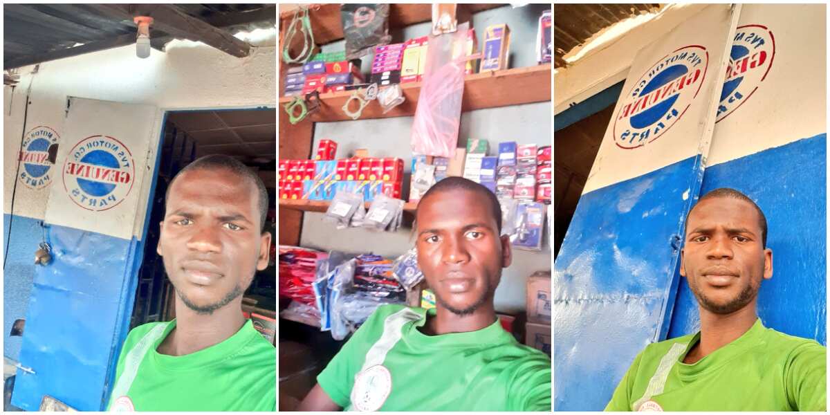 Young man opens spare parts business, takes selfie with his shop, Nigerians react