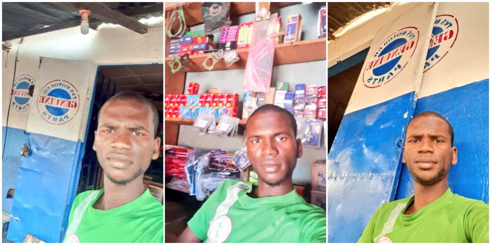 Young Man Opens Spare Parts Business, Takes Selfie with His Shop, Nigerians React