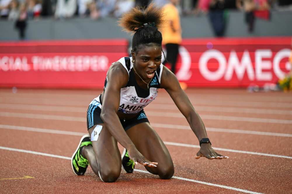 Nigeria's Tobi Amusan celebrates after victory in the women's 100m hurdles final in Zurich on September 8, 2022