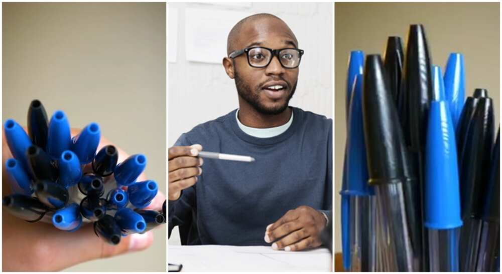 Photos of pens and black man explaining a point.
