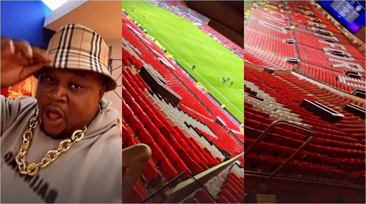 After Eating Lavish Meal at Old Trafford Vvip Wing, Cubana Chiefpriest Returns To Give Fans A Tour of Stadium