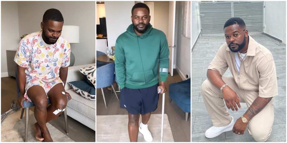 Falz shares Physiotherapy journey after knee surgery, Falz on clutches, Falz's knee down song