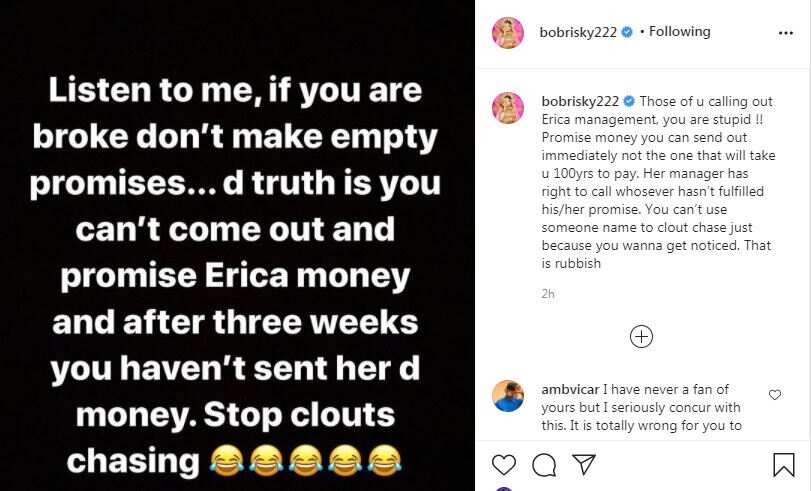 BBNaija: Bobrisky and Chidi Mike exchange words on social media over failed promise to Erica