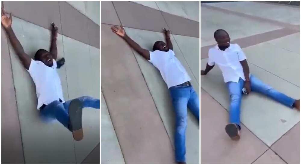 Photos of a Nigerian man lying on the ground to celebrate his arrival in Canada. Photos of a Nigerian man lying on the ground to celebrate his arrival in Canada.
