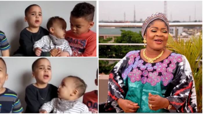 Queen Salawa Abeni shares lovely video of her handsome Oyinbo grandsons singing happy birthday song for her