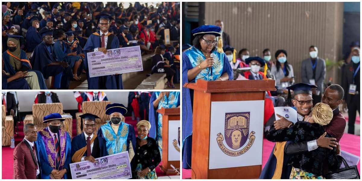 Mum and dad share stage with brilliant son in cute photos as he emerges overall best graduating OAU student