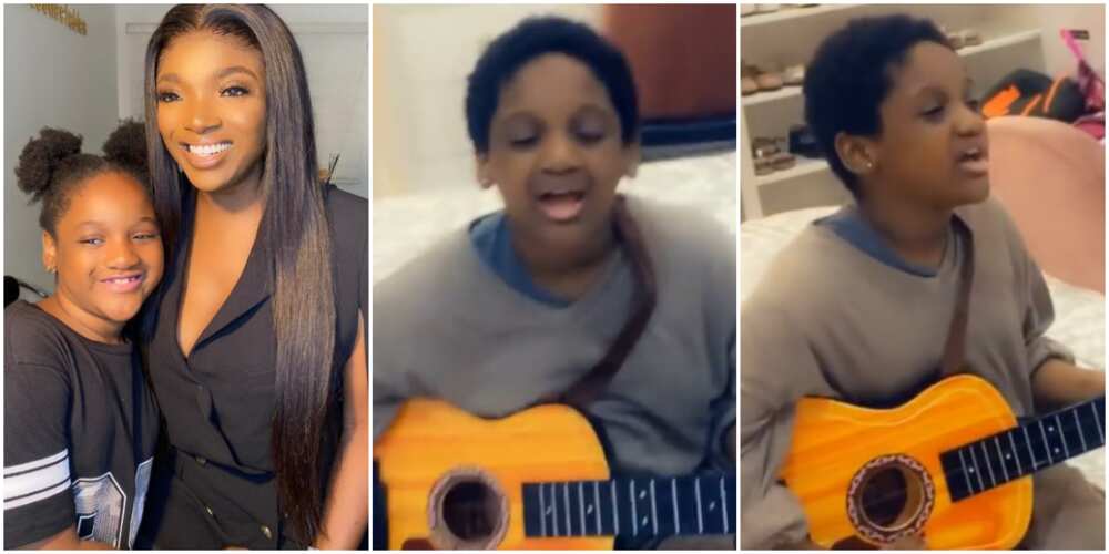Little superstar: Annie Idibia shares cute video of daughter passionately singing and playing guitar