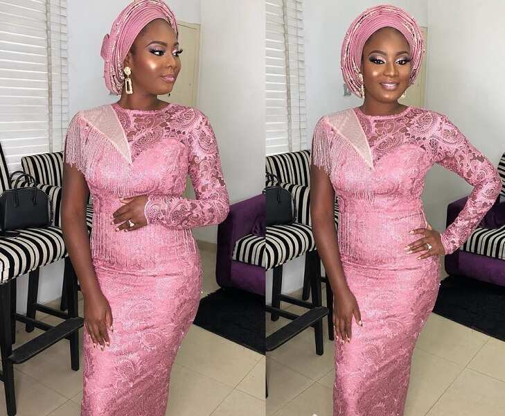 Bella Naija lace fashion dress with asymmetry