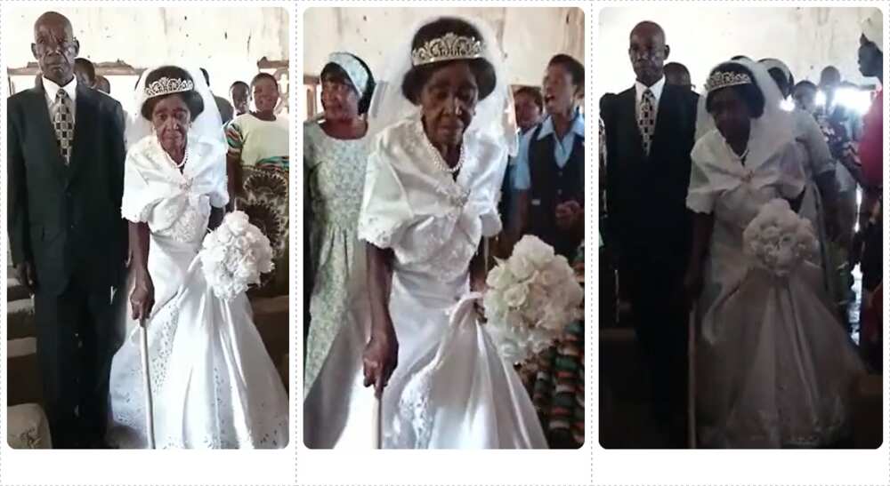 Photos of an old woman going to the altar in wedding gown.