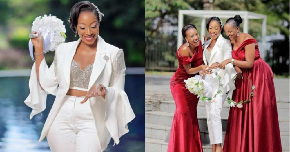Beautiful bride wears white trouser suit on her wedding day Beautiful bride wears white trouser suit on her wedding day