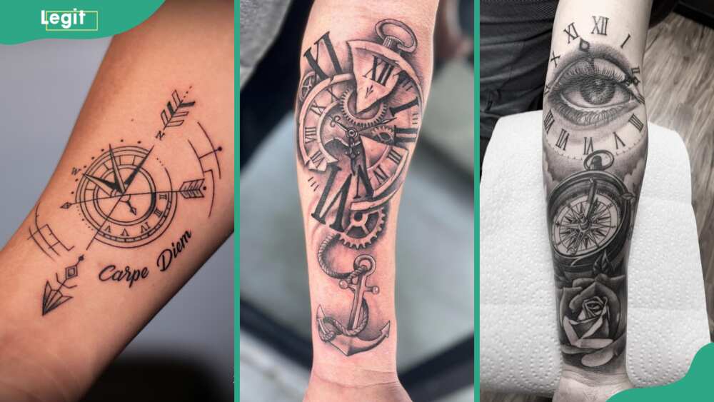 Compass and clock (L), Anchor clock (C), and Eye clock tattoos (R)