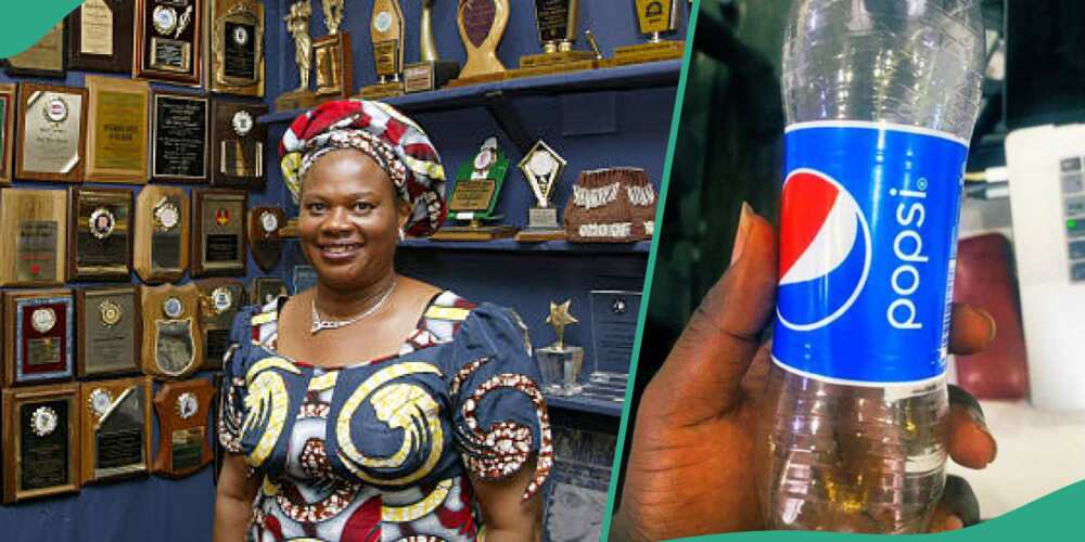 Picture of late NAFDAC boss Prof Dora Akunyili and a fake Pepsi bottle