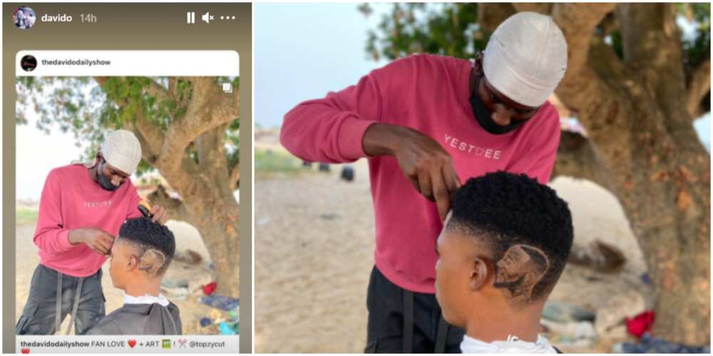 Davido reacts as talented barber carves his face on a young man's head
