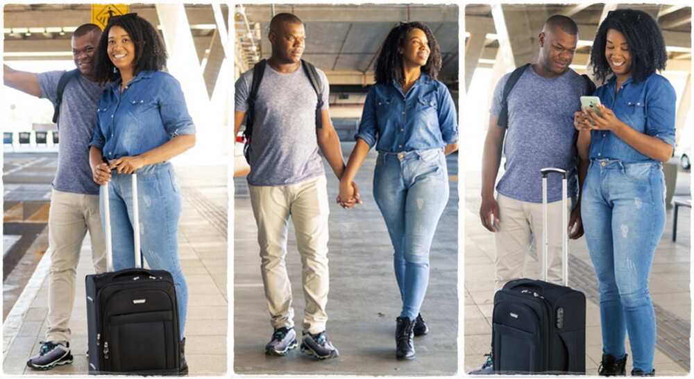 Photos of a couple at the airport.