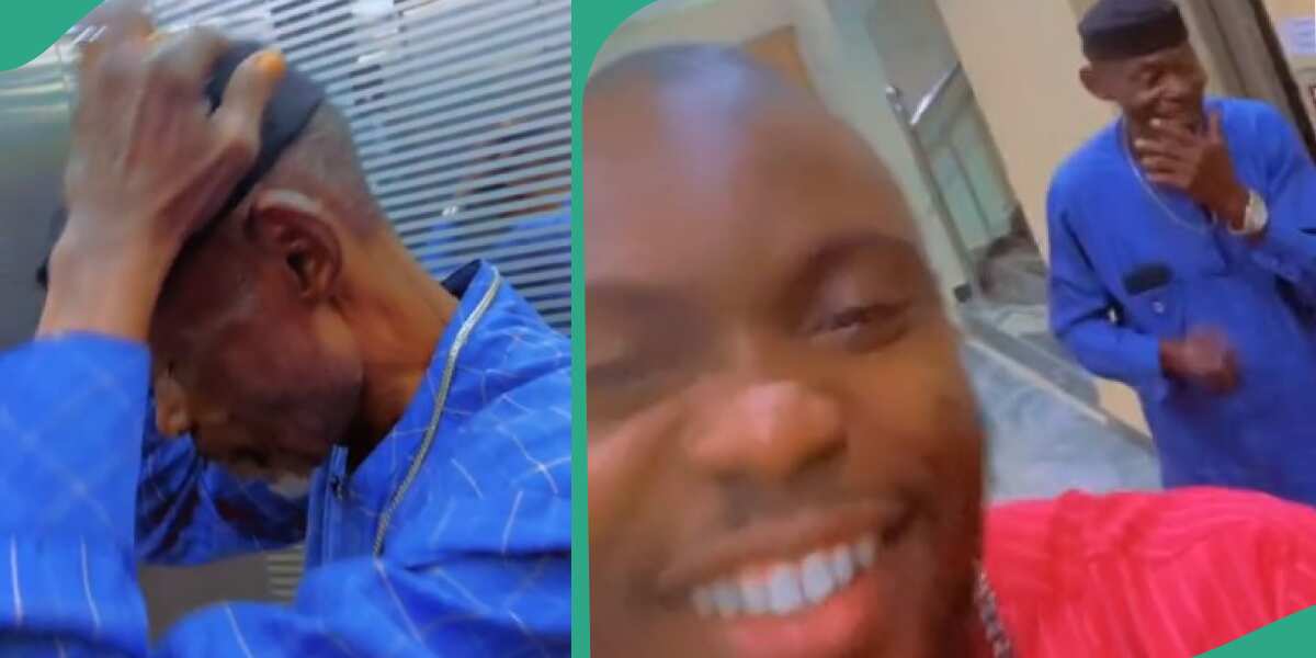 Video shows Nigerian man's priceless reaction after his son lodged him in hotel