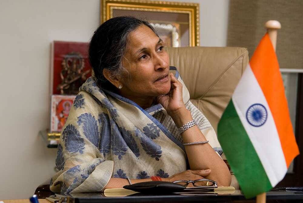 Savitri Jindal sits at a table in her office in New Delhi, India