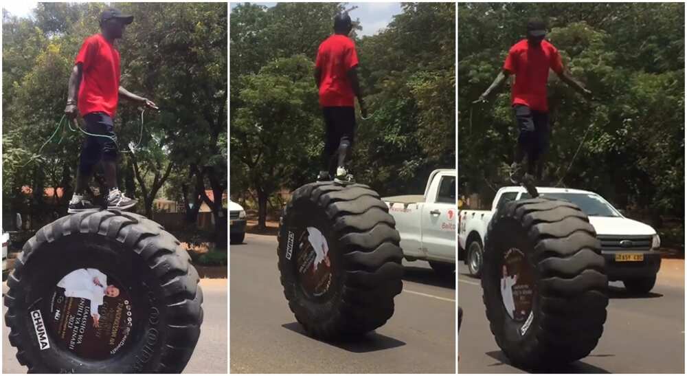 Photos of a man on a tractor tire.
