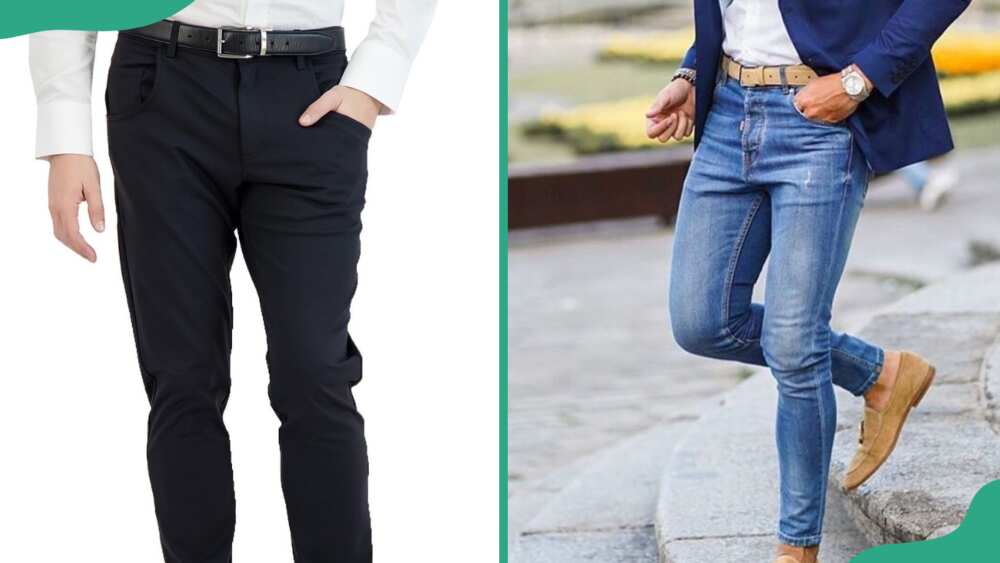 Black chino pants (L). A pair of blue jeans (R).