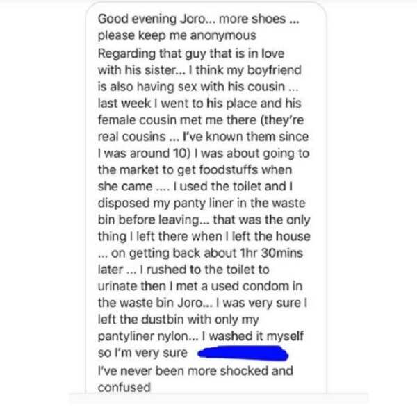 My boyfriend is sleeping with his cousin - Lady reveals