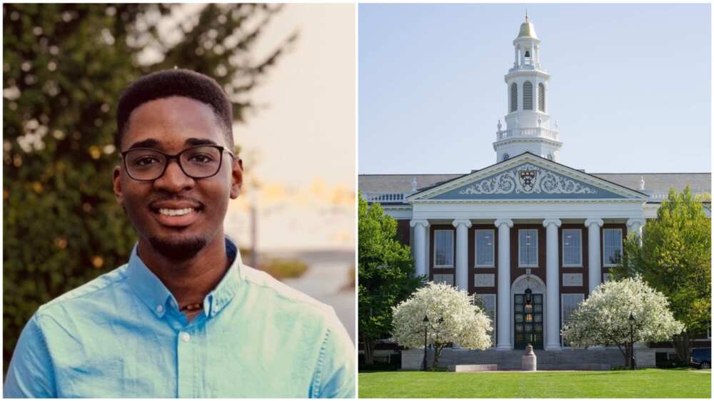 A collage of Arinze and the Harvard Business School building. Photos sources: Sound Cloud/Arinze/Harvard Crimson