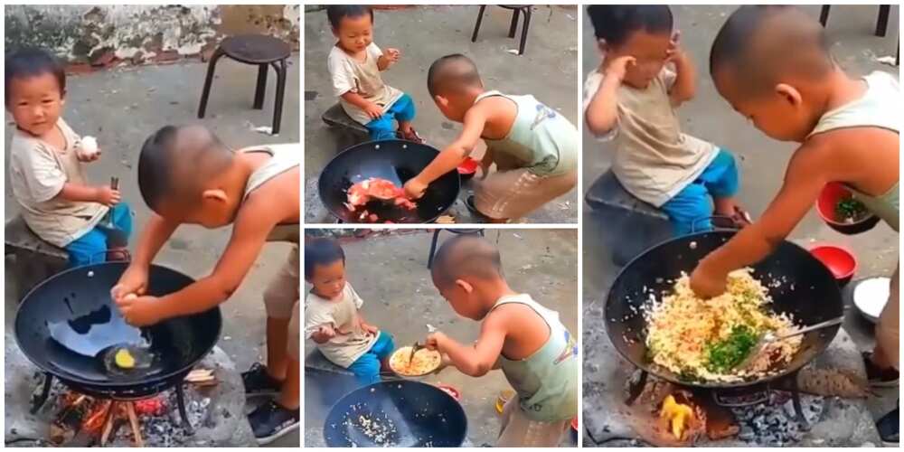 Reactions as little boy prepares 'rice' himself over wood fire and dishes to his sibling in cute video