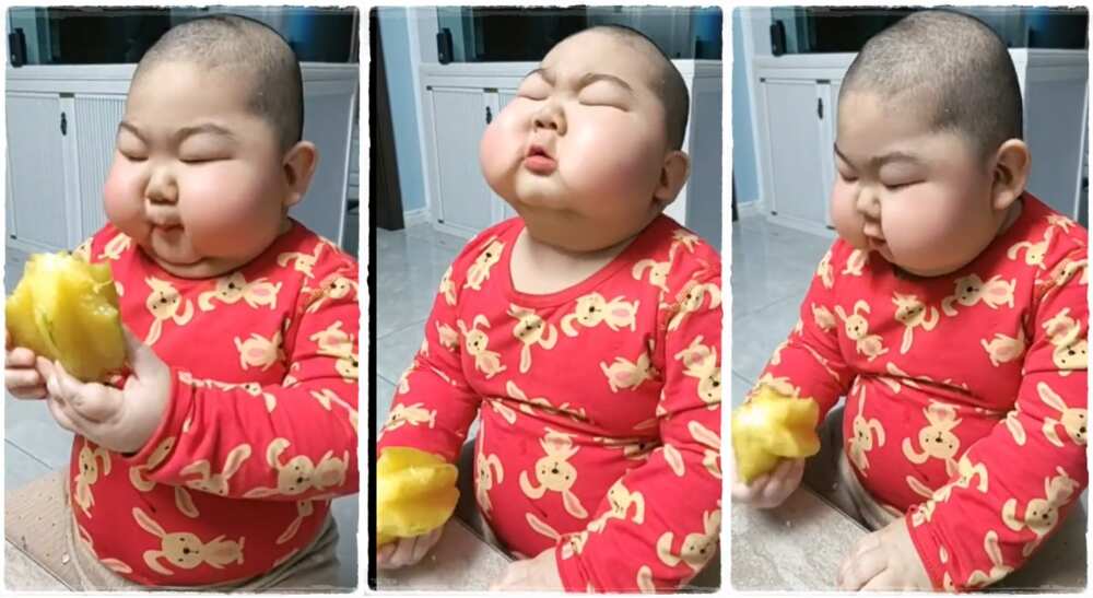 Photos of a child eating fruit.