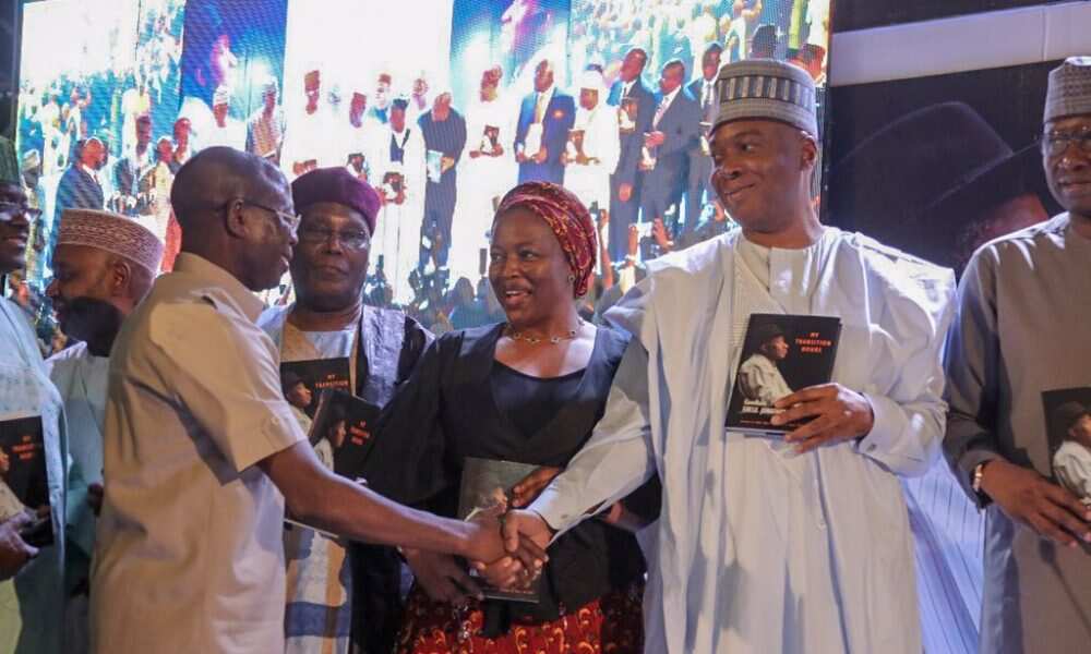 Atiku watches on as Oshiomhole, Saraki ‘reunite’ at Jonathan’s book launch