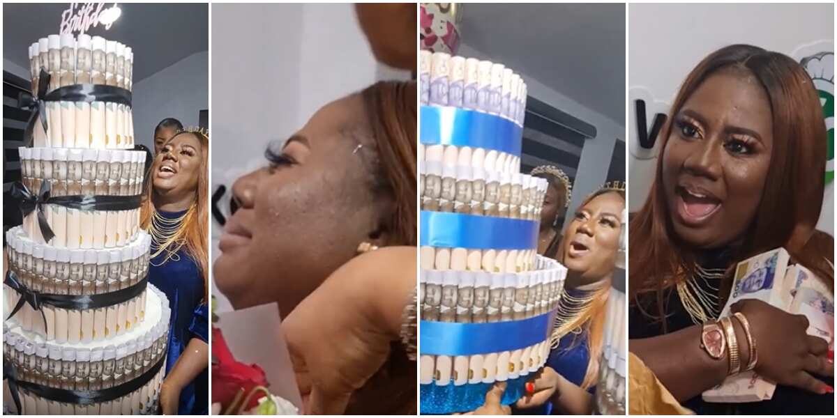 Adediwura Gold bursts into tears as friend surprises her with wads of cash and huge money cake on her birthday