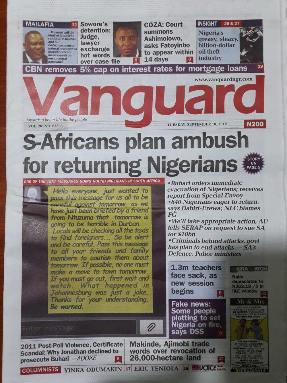 Nigerian newspaper review for September 3: Presidency orders evacuation of Nigerians in South Africa
