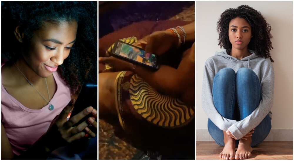 Photos of ladies holding smart phone, going through chats.