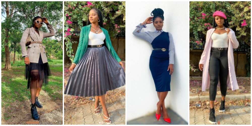 Photos of Obianuju Rosemary Obi in different thrift wears.