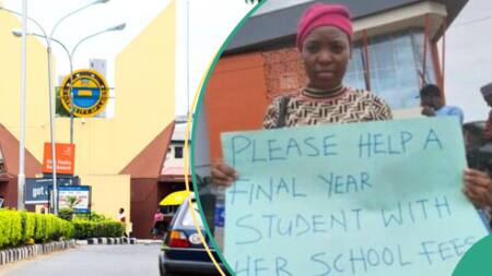 "Please help": UNILAG final year student carries placard on the road, begs for N225,000 school fees