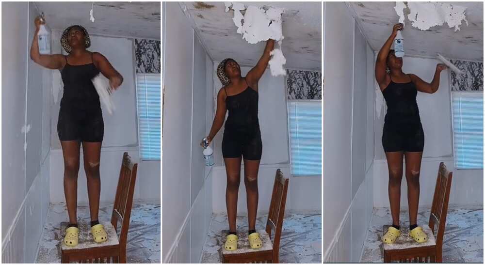 Photos of a lady renovating her room by herself.