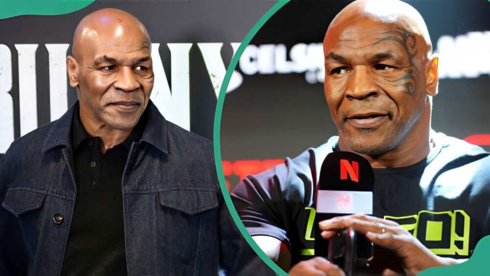 Mike Tyson poses before a press conference (L). He speaks on stage during an event (R).
