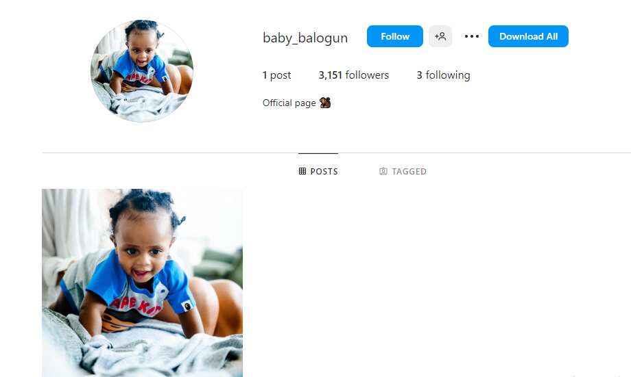 Wizkid's youngest son's new Instagram page.