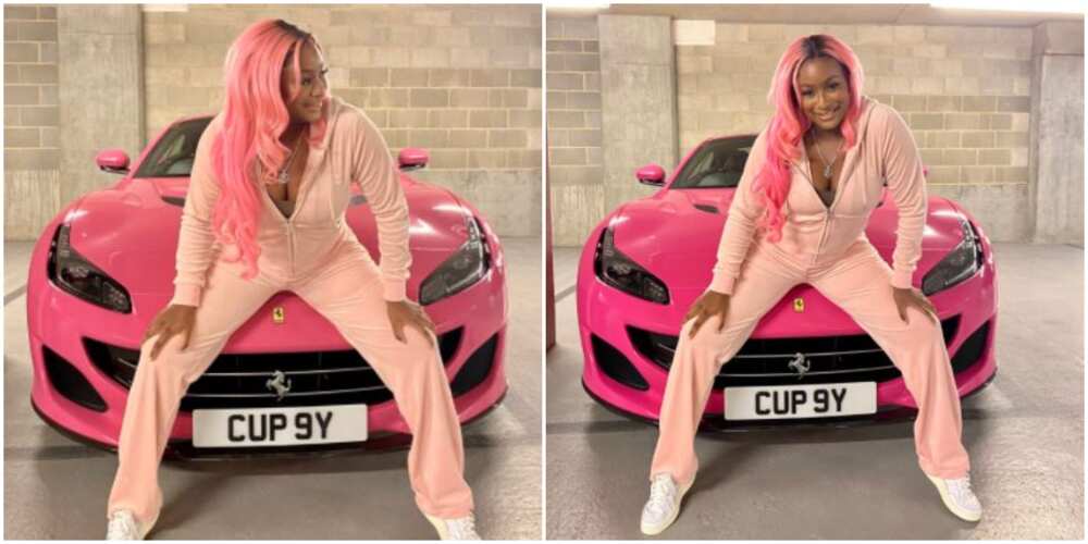 Reactions As DJ Cuppy Rocks Pink Outfit to Match Customised Ferrari, Says Money Makes Road