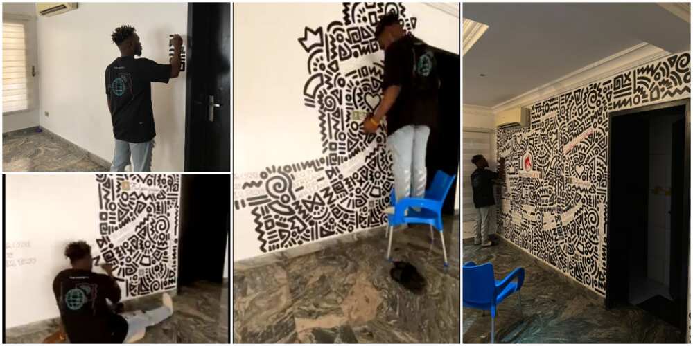 Nigerian man makes amazing wall painting with brush like wallpaper, photos of his work cause massive stir