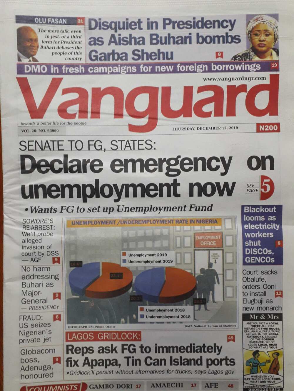 Nigeria newspaper Vanguard of Thursday, December 12.